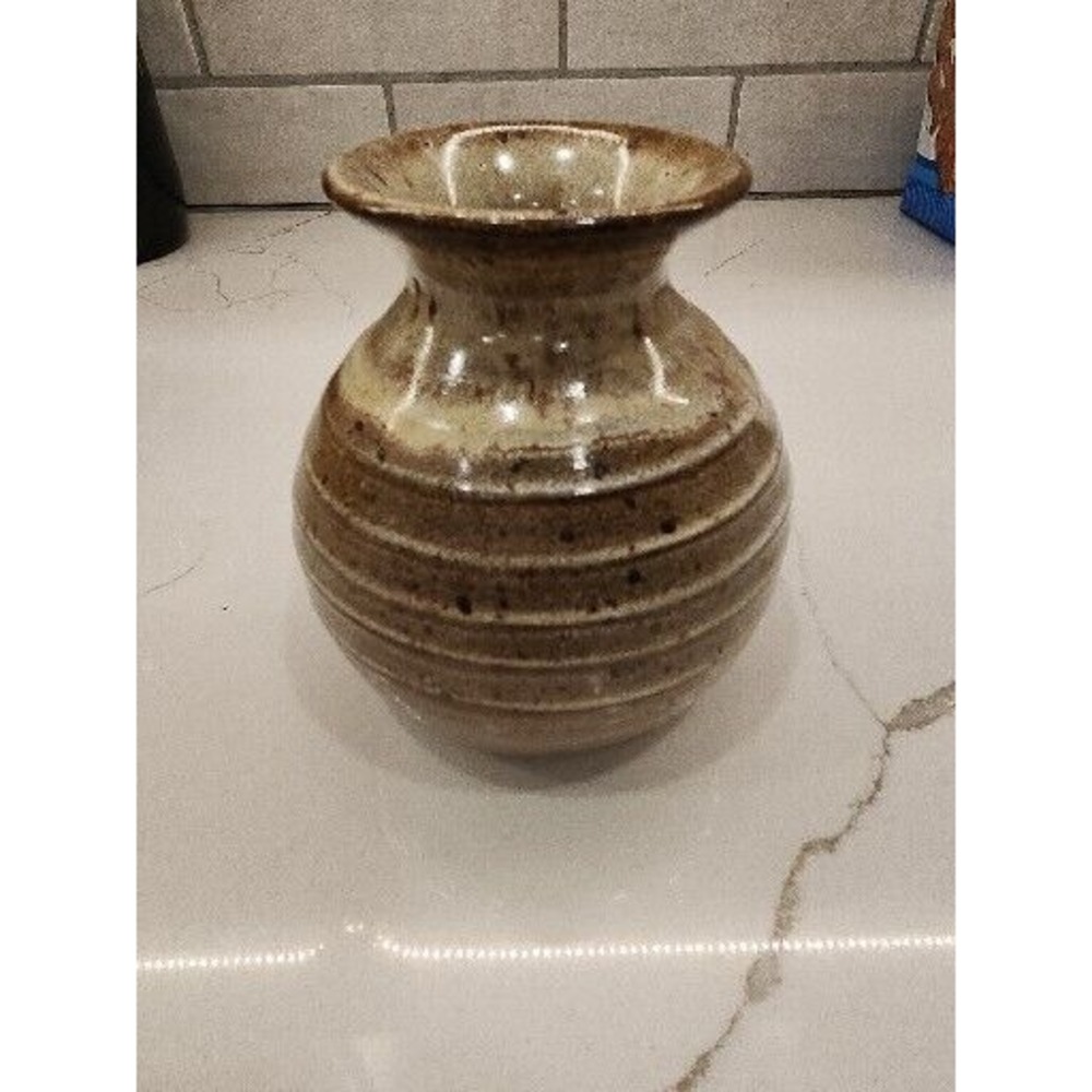Small Hand Crafted Studio Art Pottery Vase Tan Beige Brown 4 And 3/4 Inches High